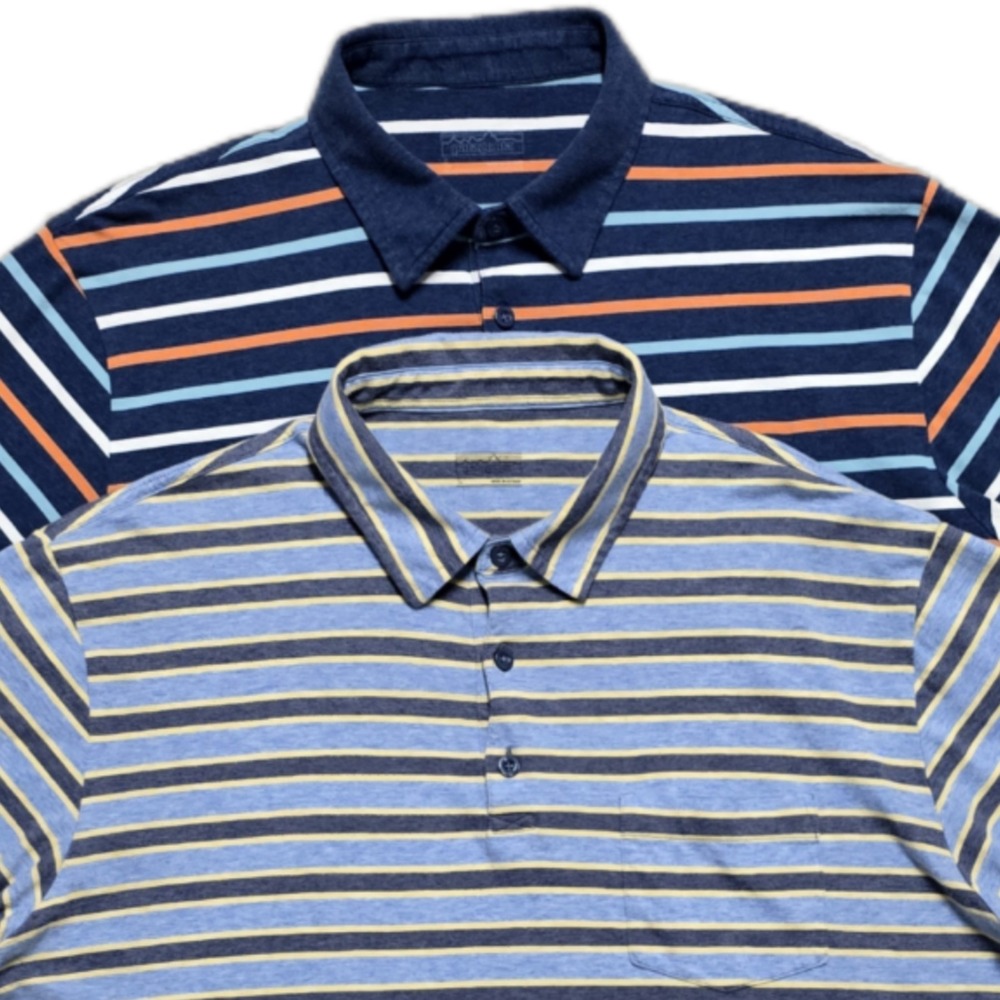 Lot Of 2 Patagonia Polo Shirts Mens L Blue Striped Organic Cotton Short Sleeve
